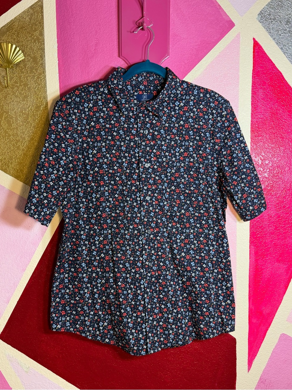 George Classic Fit Navy Ditsy Floral Short Sleeve Shirt Med